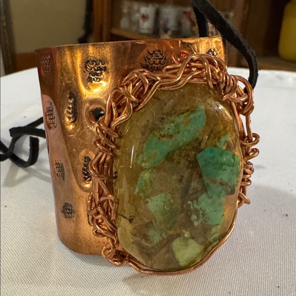 Copper Wire Wrapped Stone Cuff Bracelet